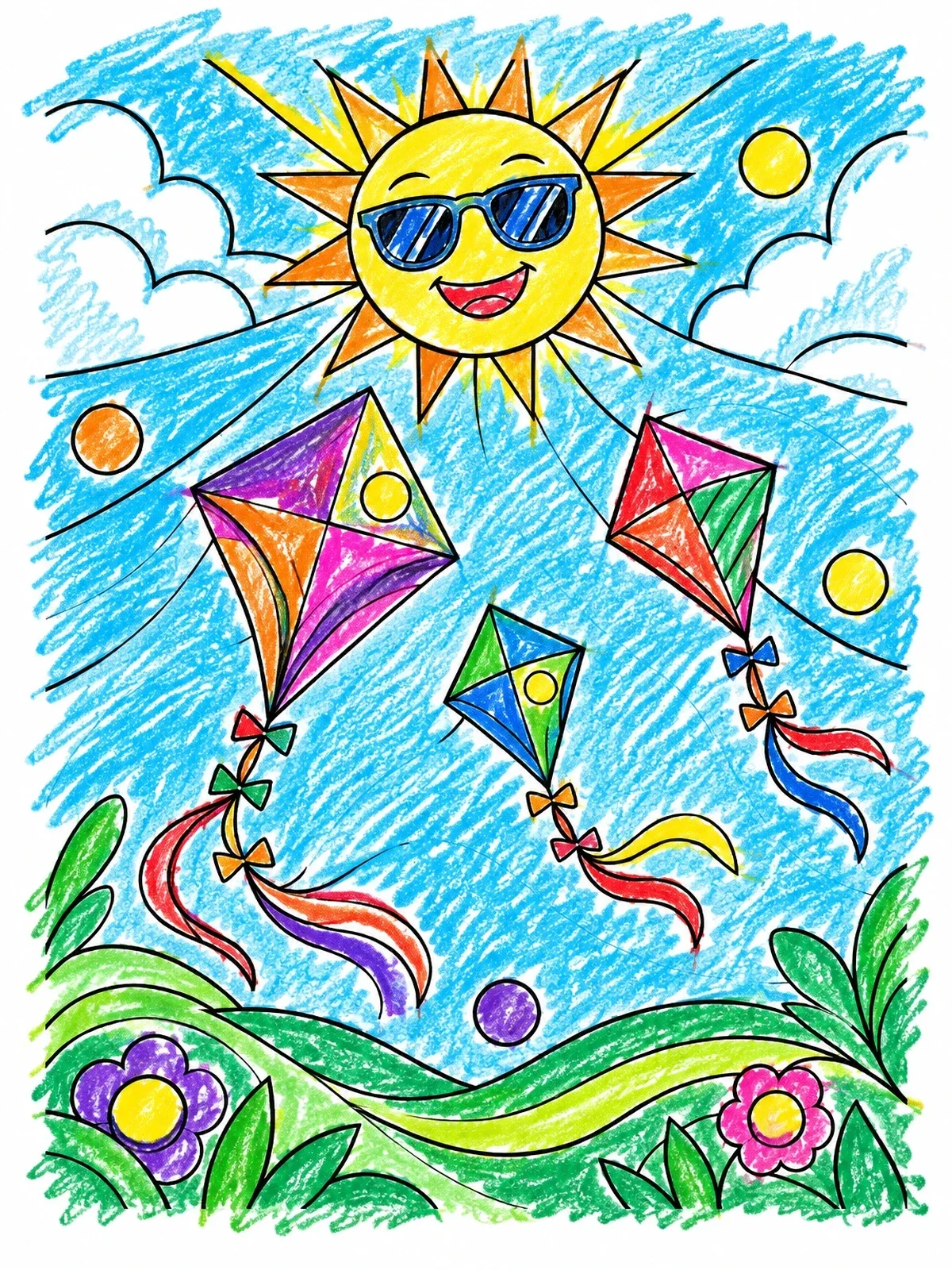 Colored example of the Smiling Sun And Flying Kites coloring page