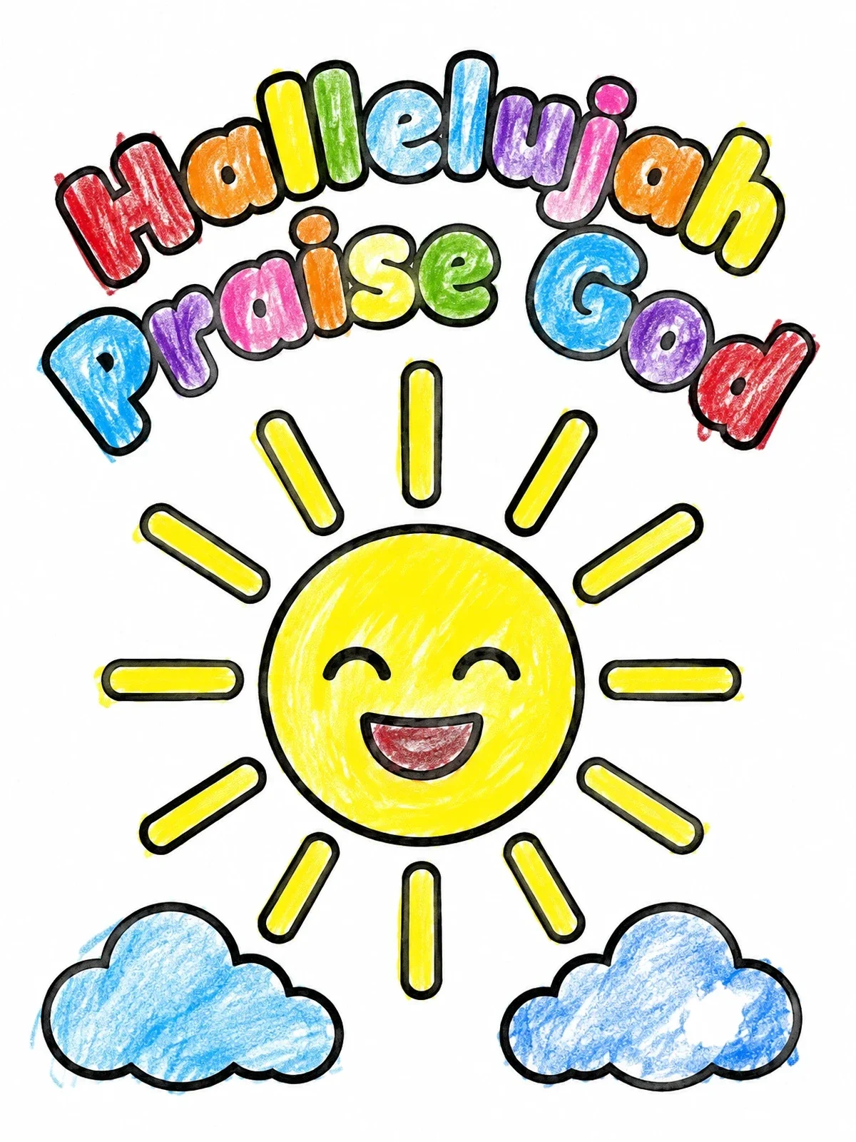 Colored example of the Smiling Sun Hallelujah Praise God coloring page