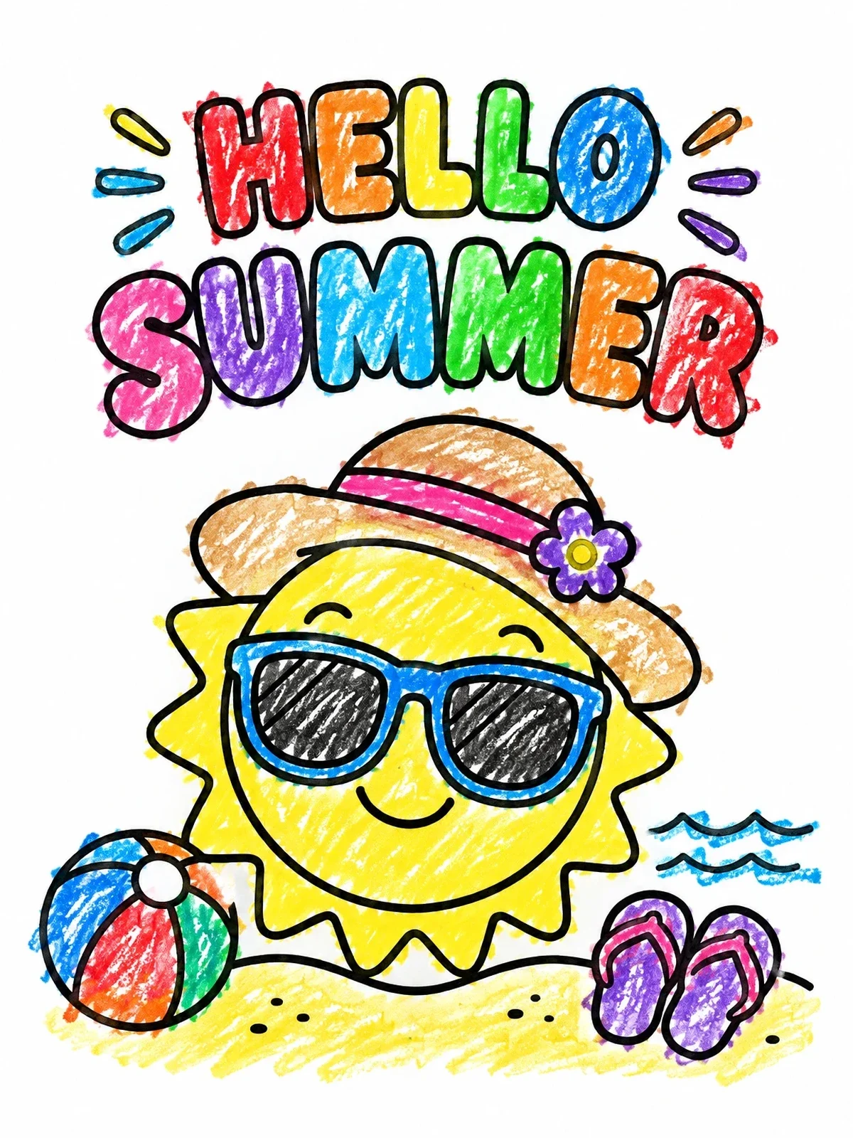 Colored example of the Smiling Sun Hello Summer Greeting coloring page