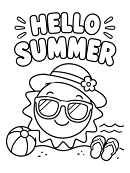 Free printable Smiling Sun Hello Summer Greeting coloring page