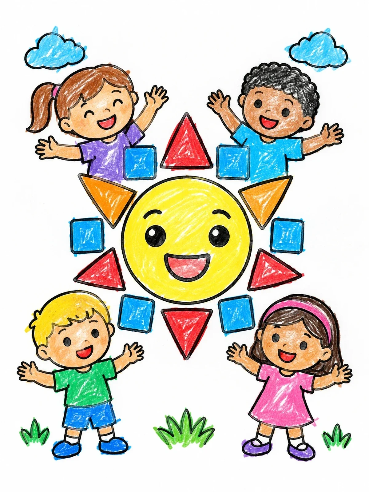 Colored example of the Smiling Sun With Happy Children coloring page