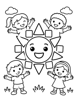 Free printable Smiling Sun With Happy Children coloring page