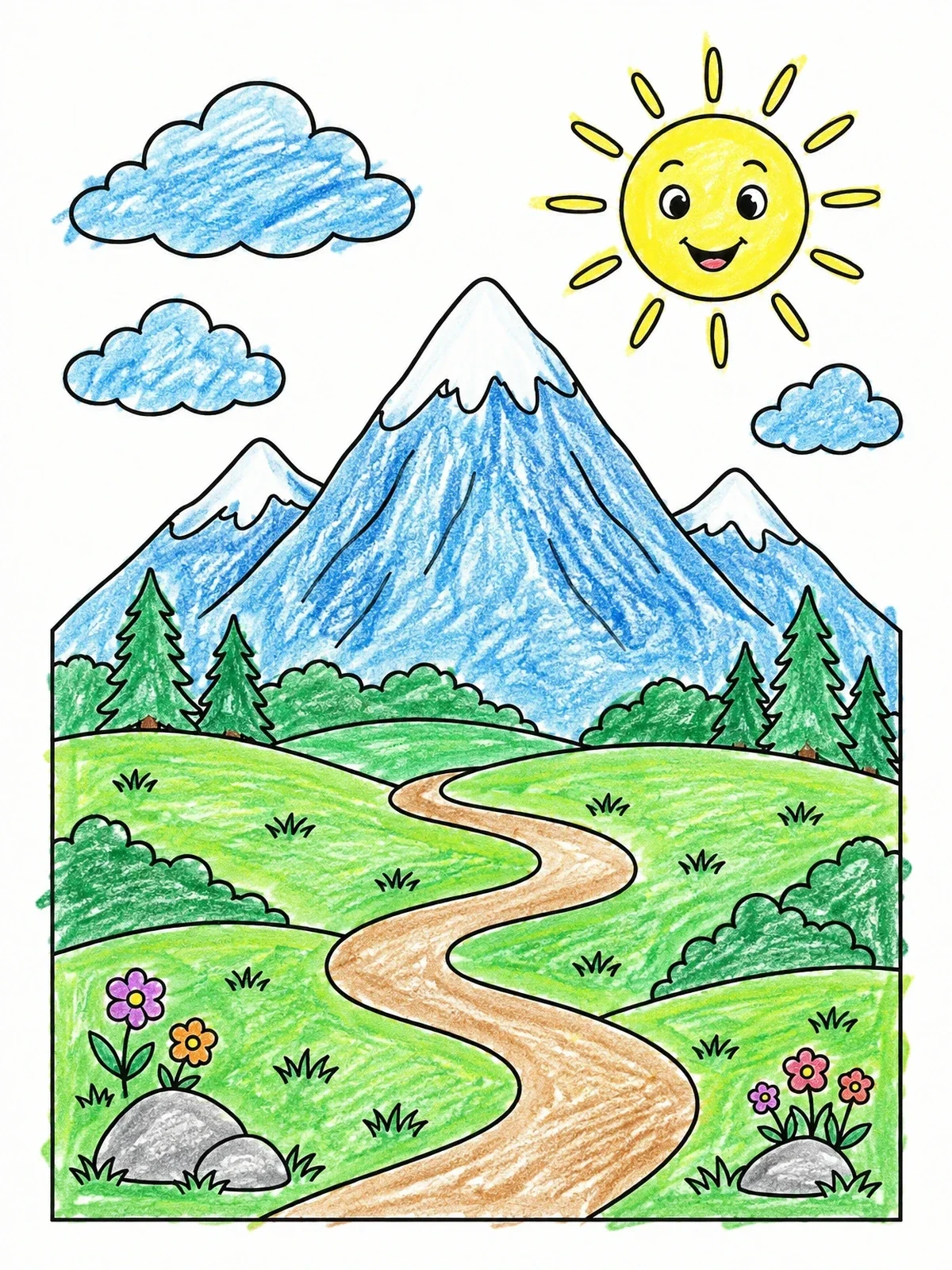 Colored example of the Smiling Sun Over Mountain Valley coloring page