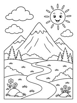 A smiling sun shines over rolling hills on this mountain coloring page.