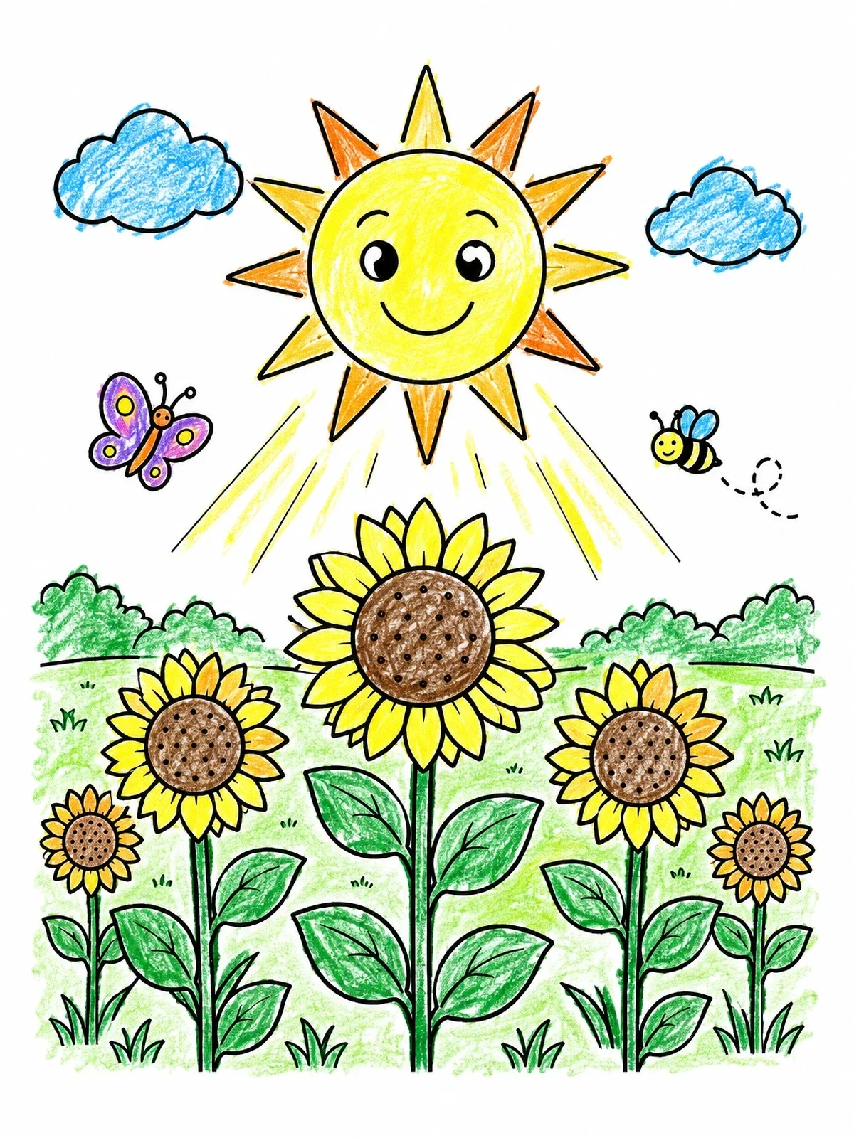Colored example of the Smiling Sun Over Sunflower Field coloring page