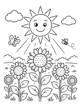 A smiling sun coloring page featuring blooming sunflowers, a butterfly, and a bee.
