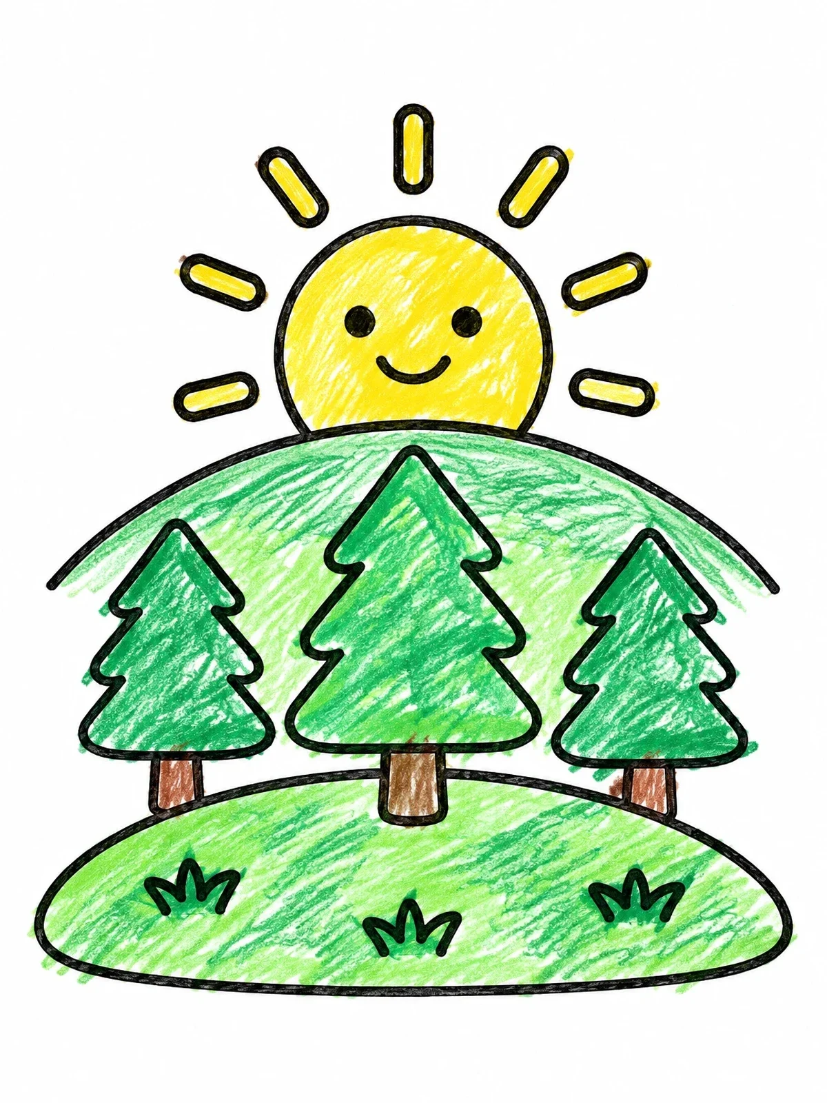 Colored example of the Smiling Sun Over Pine Trees coloring page
