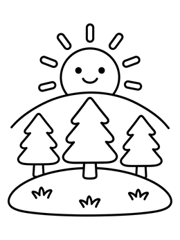Free printable Smiling Sun Over Pine Trees coloring page