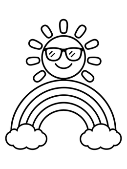Free printable Smiling Sun Above Rainbow Arch coloring page