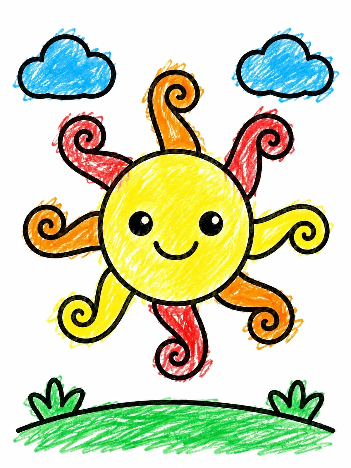 Colored example of the Smiling Sun With Swirly Rays coloring page