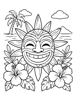 Free printable Smiling Sun Tiki With Hibiscus coloring page