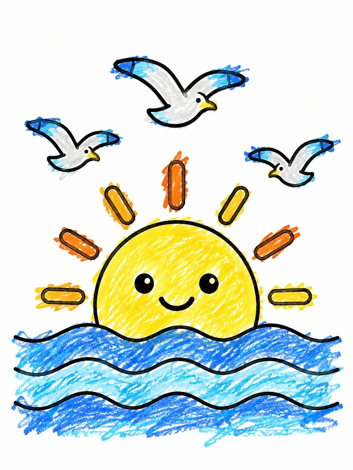 Colored example of the Smiling Sunrise Over Ocean Waves coloring page