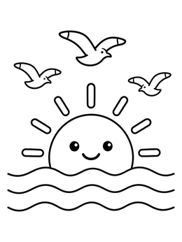Free printable Smiling Sunrise Over Ocean Waves coloring page