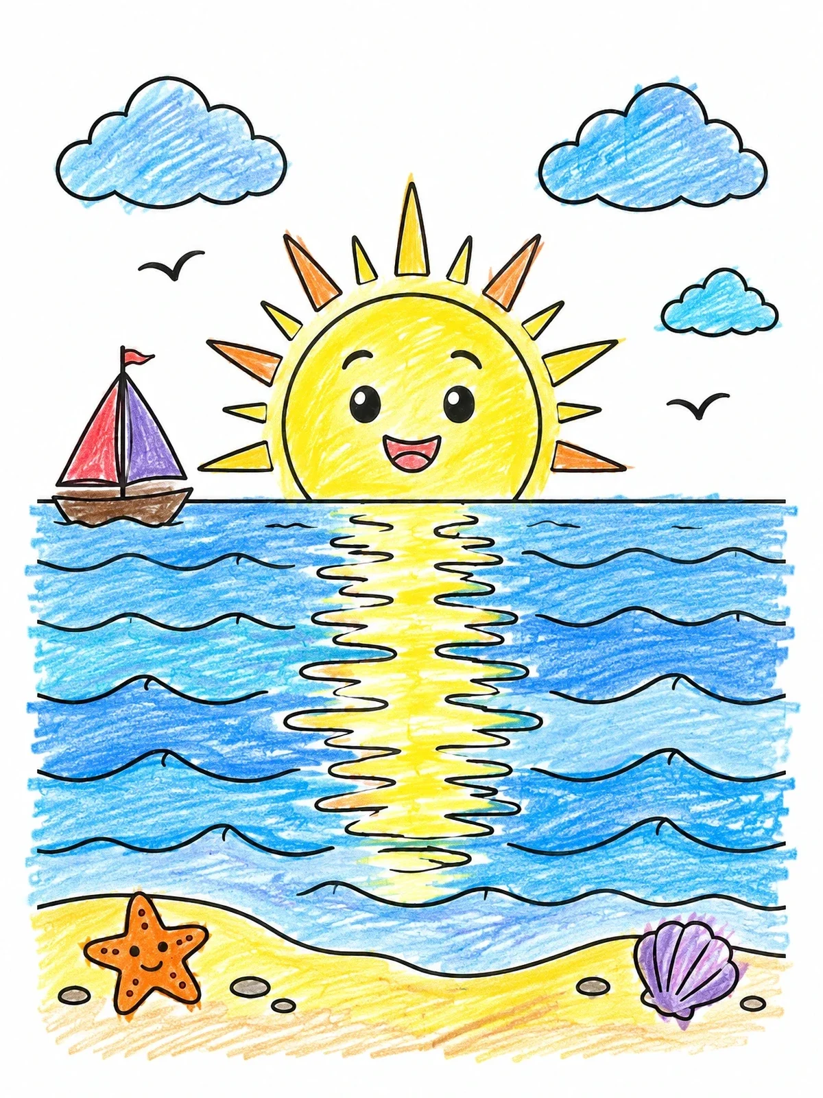 Colored example of the Smiling Sunrise Over The Ocean coloring page