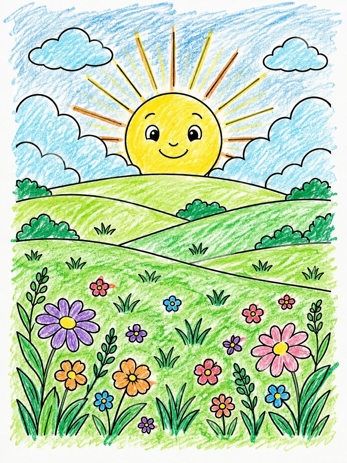 Colored example of the Smiling Sunrise Over Rolling Flower Hills coloring page