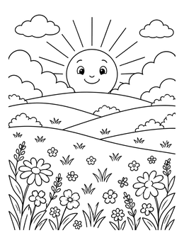 A cheerful sunrise coloring page featuring a smiling sun rising above rolling hills and wildflowers.