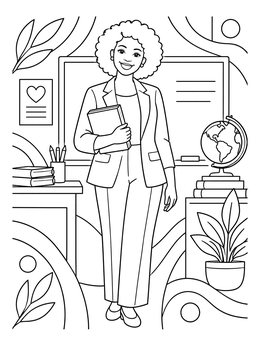 A friendly teacher coloring page featuring an educator holding a book in a classroom.