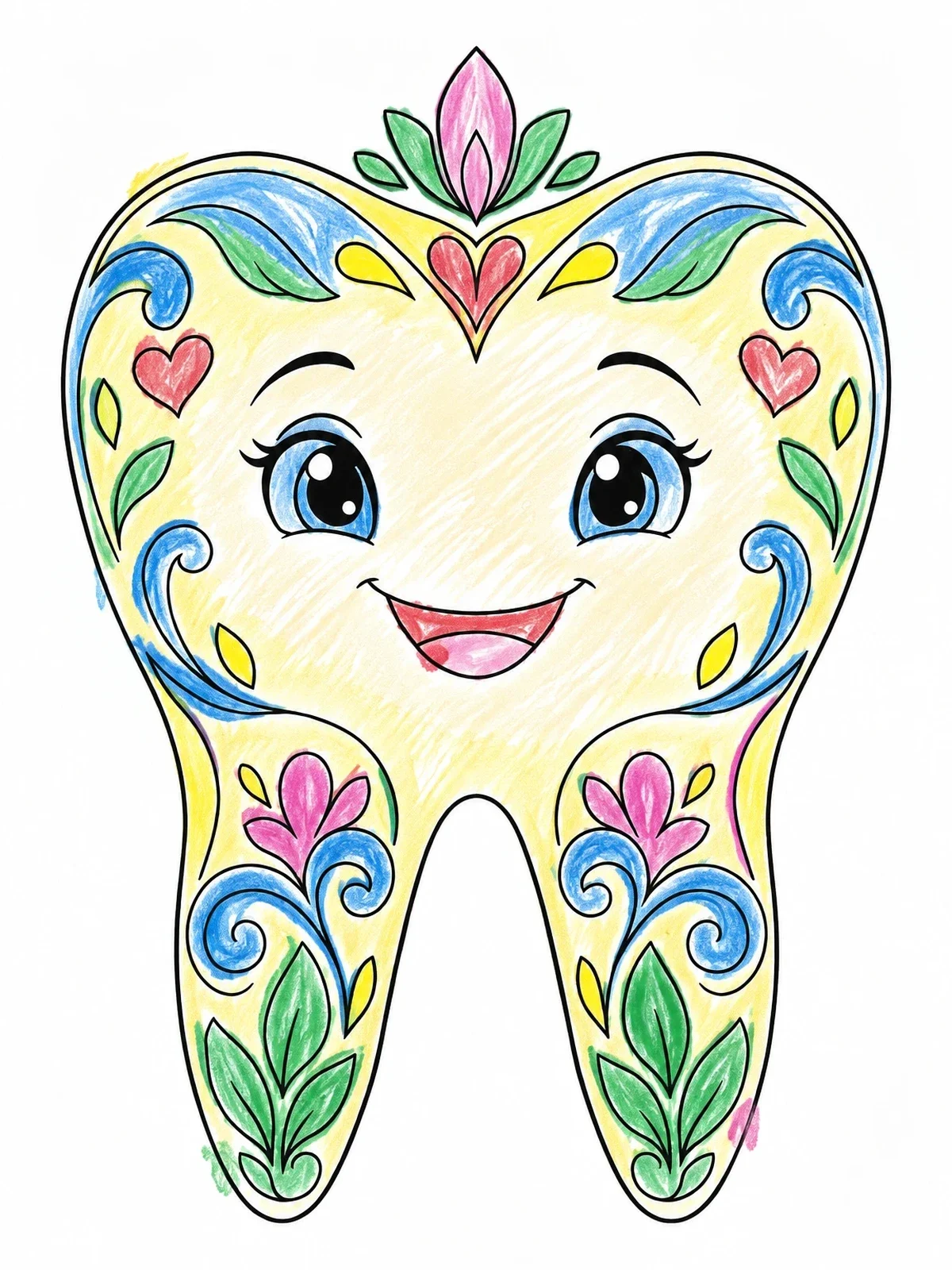 Colored example of the Smiling Tooth With Floral Patterns coloring page