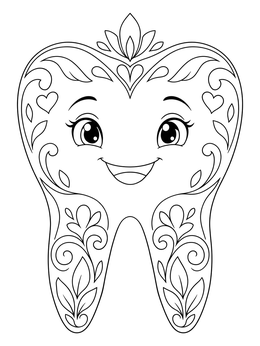 A cheerful smiling tooth coloring page adorned with lovely floral swirls and hearts.