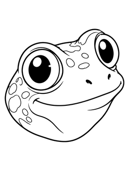A smiling tree frog coloring page featuring big eyes and spotted skin.