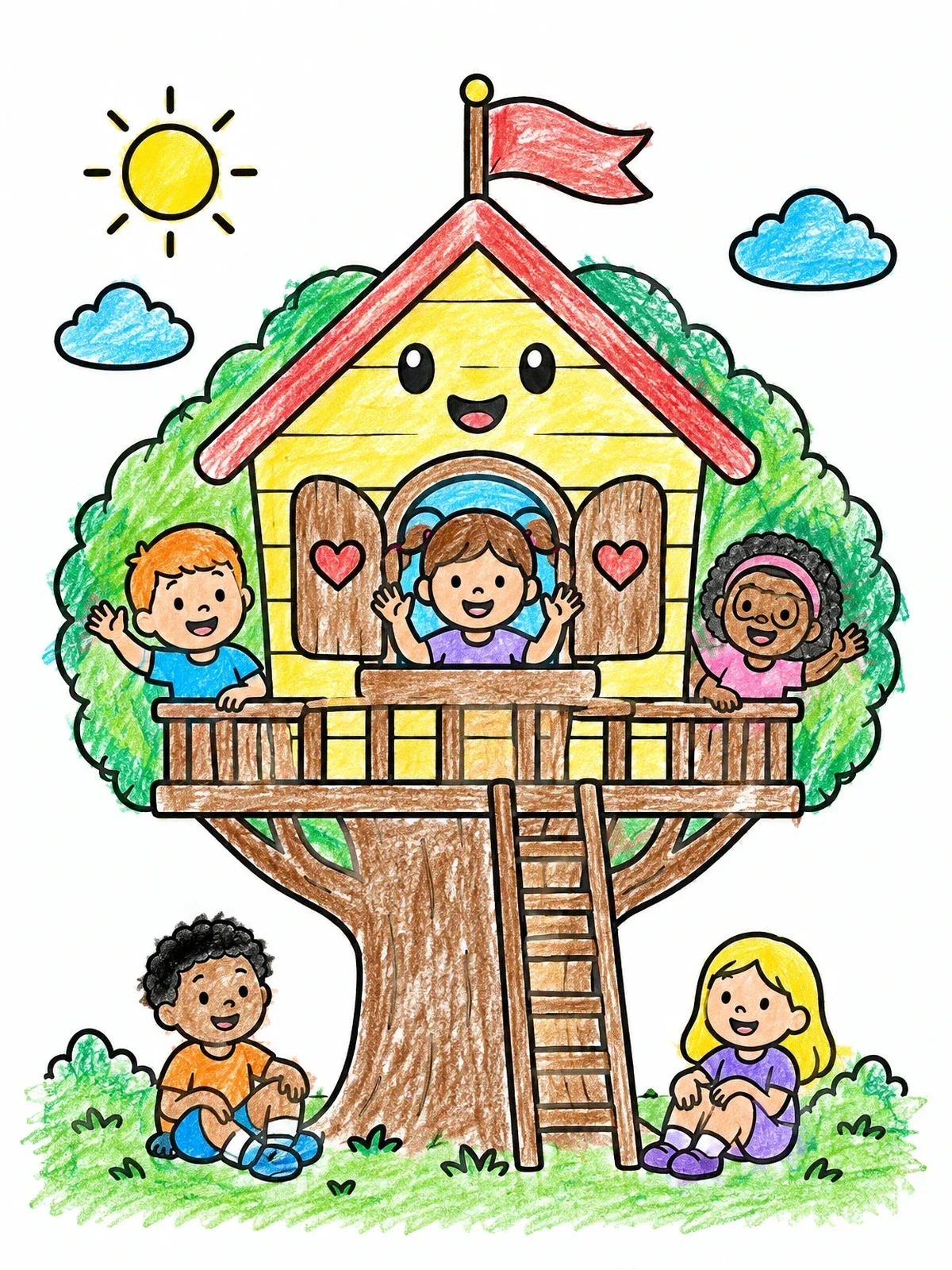 Colored example of the Smiling Treehouse With Happy Children coloring page