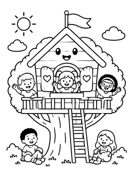 Free printable Smiling Treehouse With Happy Children coloring page