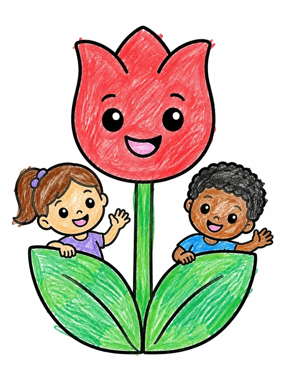 Colored example of the Smiling Tulip With Happy Children coloring page