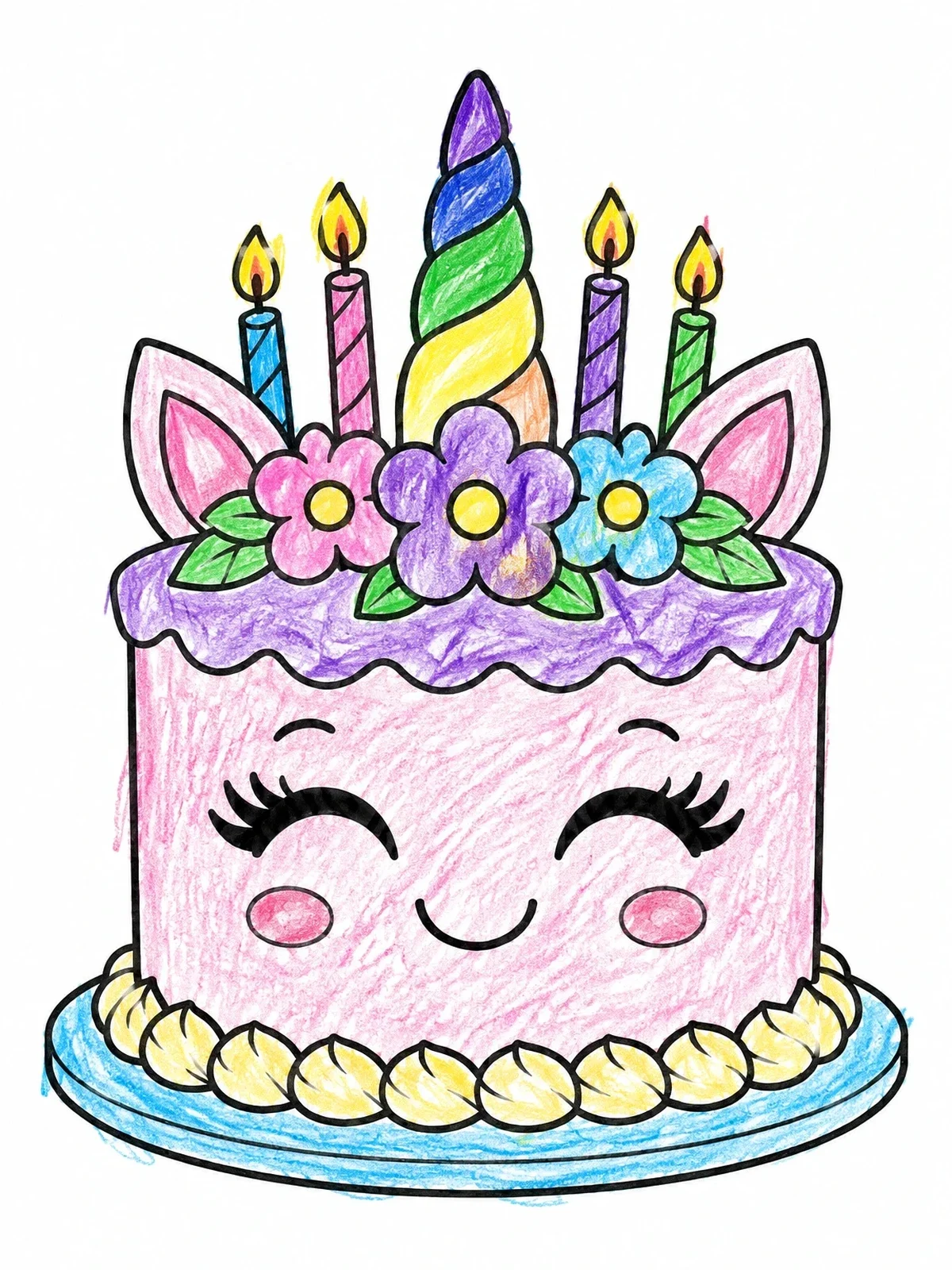 Colored example of the Smiling Unicorn Birthday Cake coloring page