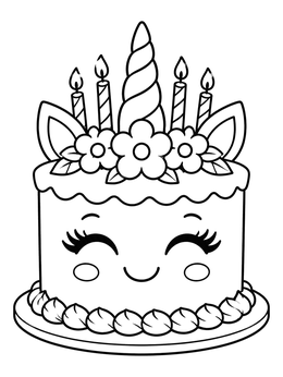 Free printable Smiling Unicorn Birthday Cake coloring page