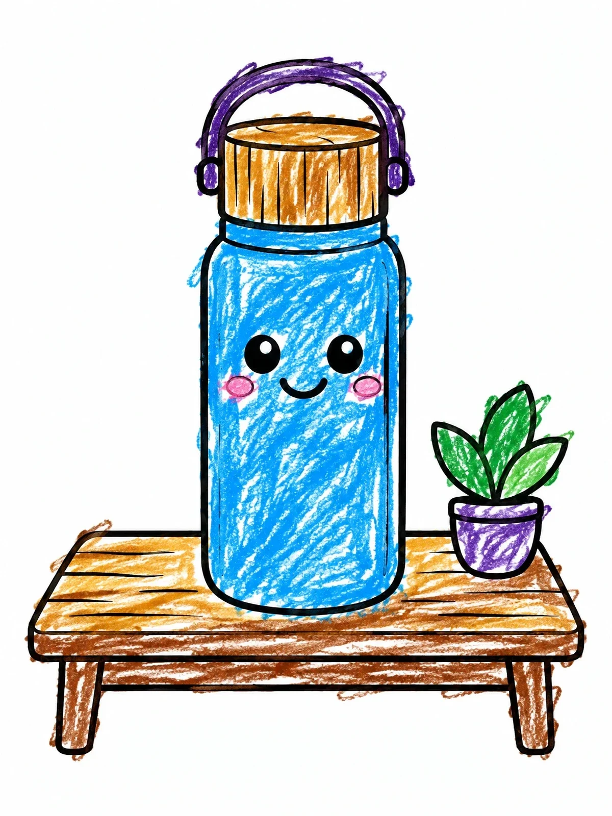 Colored example of the Smiling Water Bottle On Wooden Table coloring page