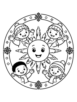 Free printable Smiling Winter Sun And Cheerful Children coloring page