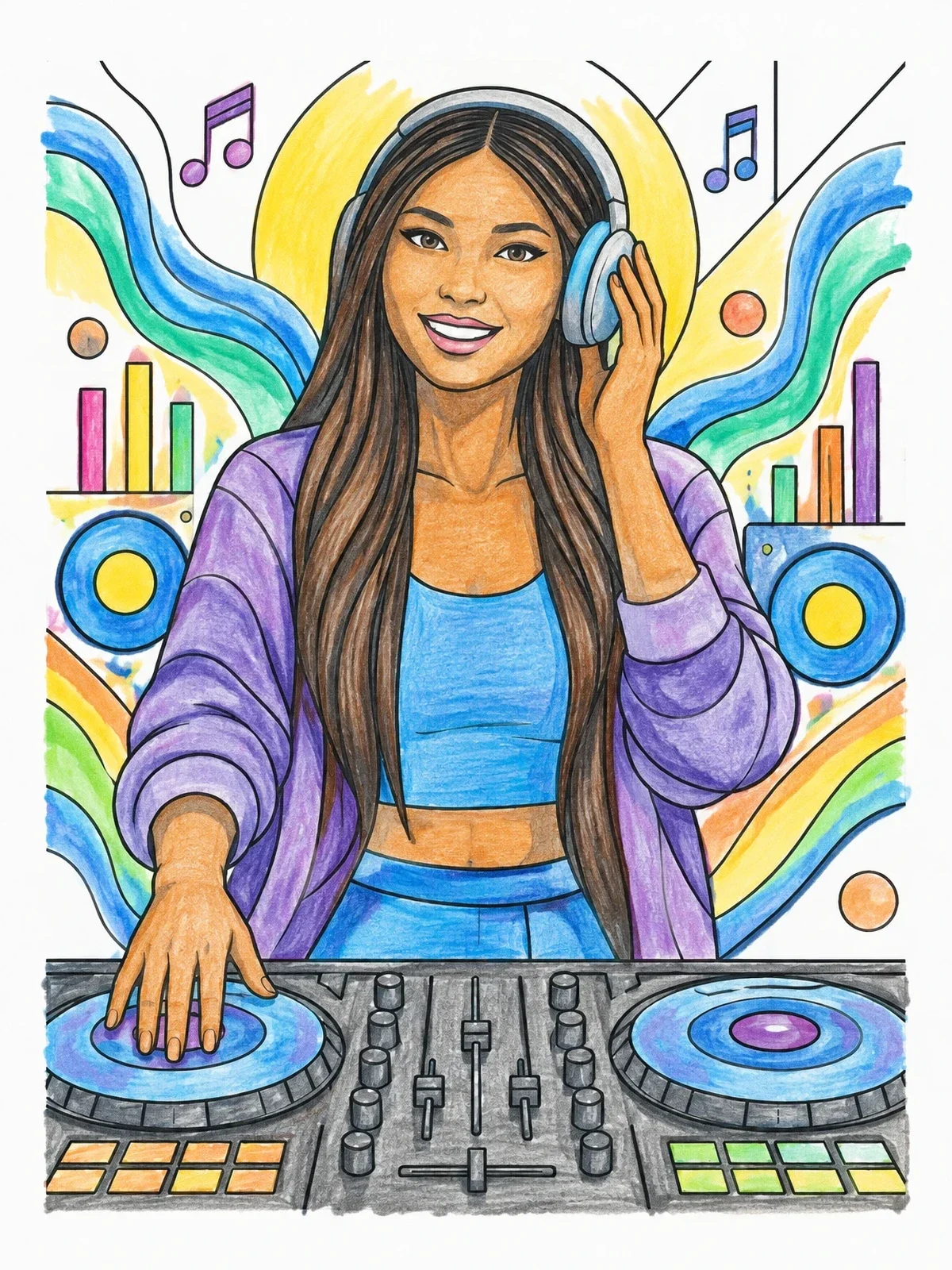 Colored example of the Smiling Woman Dj At Mixing Console coloring page