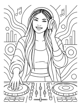 Free printable Smiling Woman Dj At Mixing Console coloring page