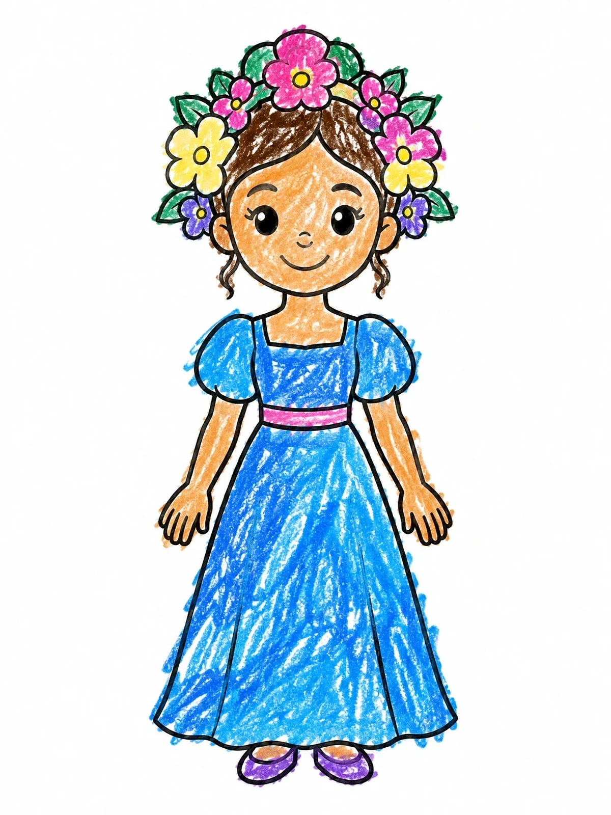 Colored example of the Smiling Woman In Floral Crown coloring page