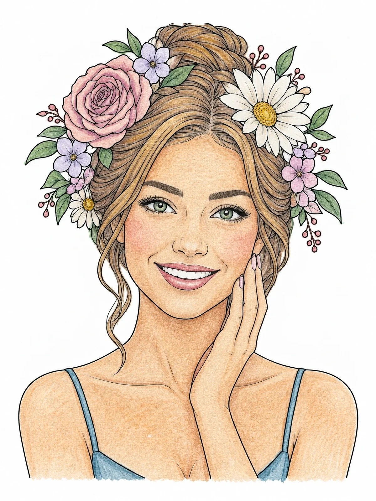 Colored example of the Smiling Woman With Floral Crown coloring page