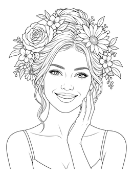 A smiling woman coloring page featuring a delicate floral crown in her hair.