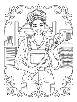 A mechanic coloring page featuring a smiling woman holding a wrench in an auto repair shop.