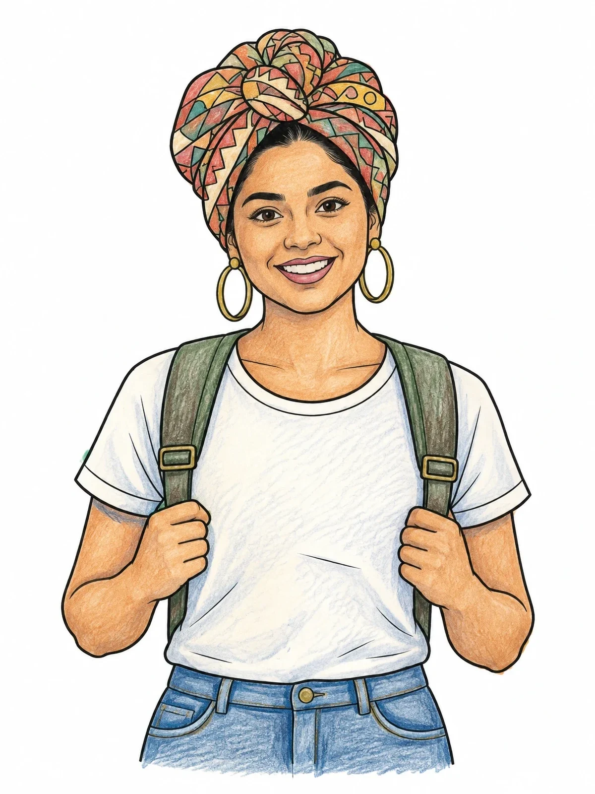 Colored example of the Smiling Woman With Patterned Headwrap And Backpack coloring page