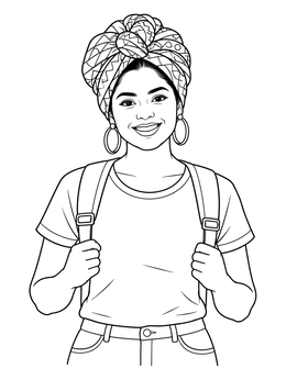 A woman coloring page featuring a smiling traveler wearing hoop earrings and a patterned headwrap.