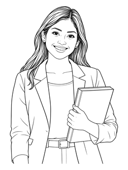 A friendly teacher coloring page featuring a smiling woman in a blazer holding a book.