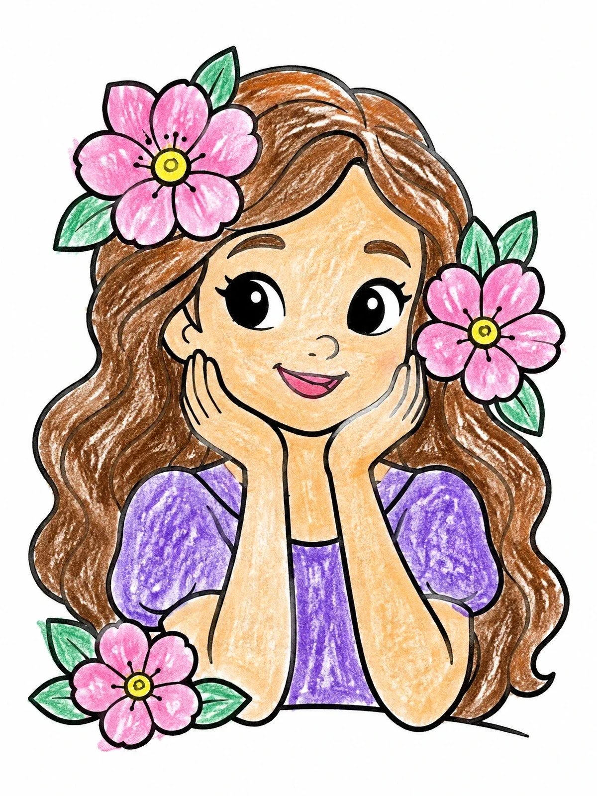 Colored example of the Smiling Young Woman With Flowers coloring page