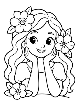 Free printable Smiling Young Woman With Flowers coloring page
