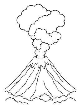 A smoking volcano coloring page with billowy clouds of ash rising into the sky.