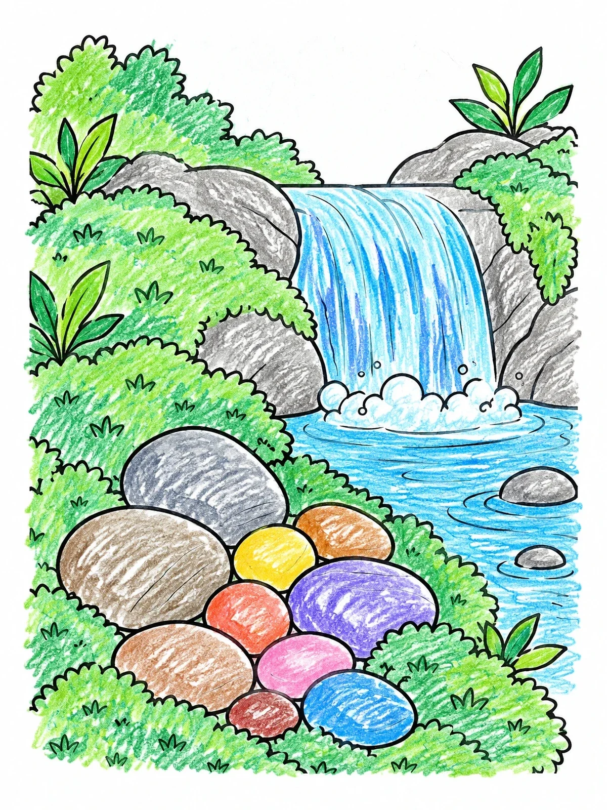 Colored example of the Smooth River Pebbles By Waterfall coloring page