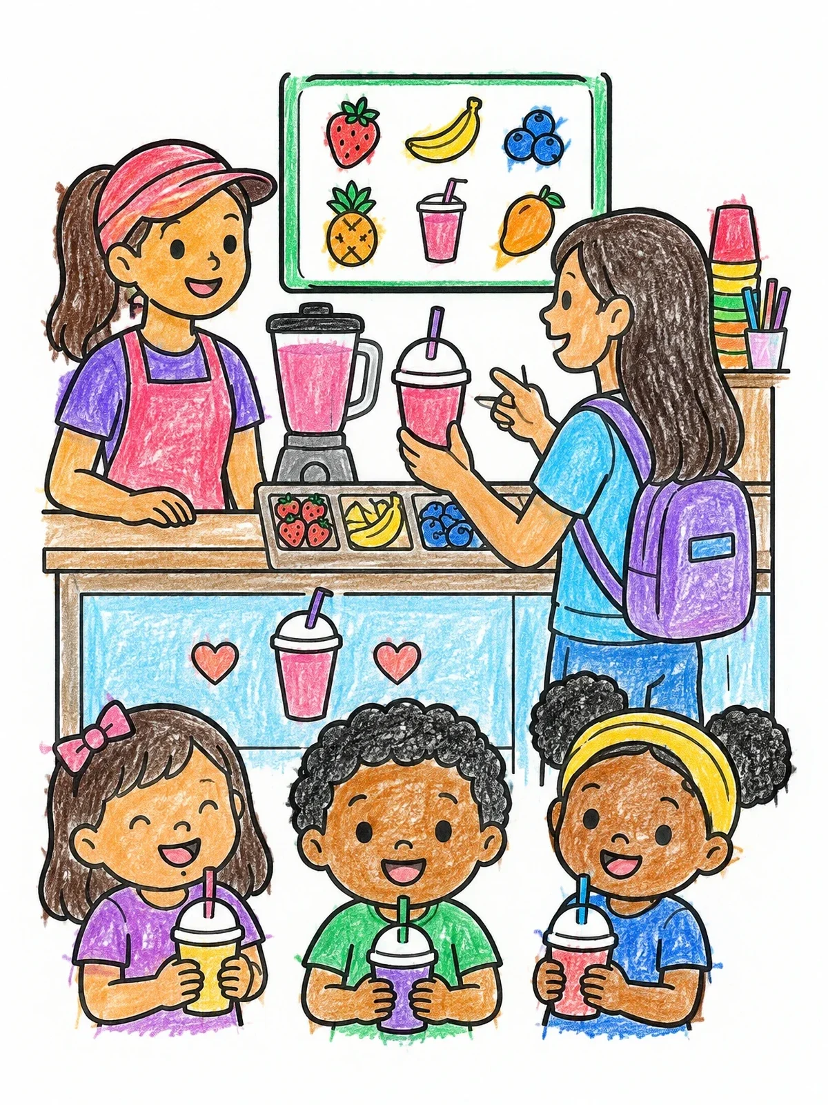 Colored example of the Kids At The Juice Bar coloring page