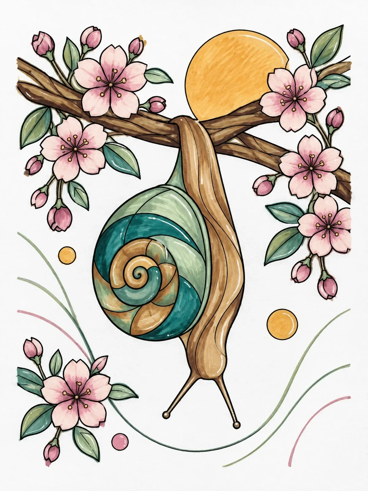 Colored example of the Snail On Cherry Blossom Branch coloring page