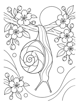 A detailed snail coloring page featuring a snail hanging from flowering cherry branches.