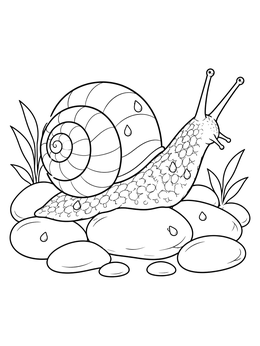 A textured snail coloring page crawling on smooth river stones with water droplets.
