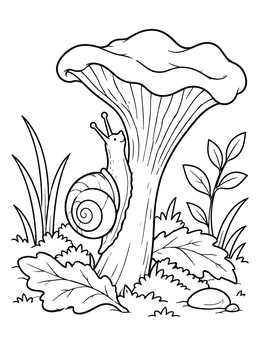 A cute mushroom coloring page with a little snail climbing up a chanterelle stem in the forest.