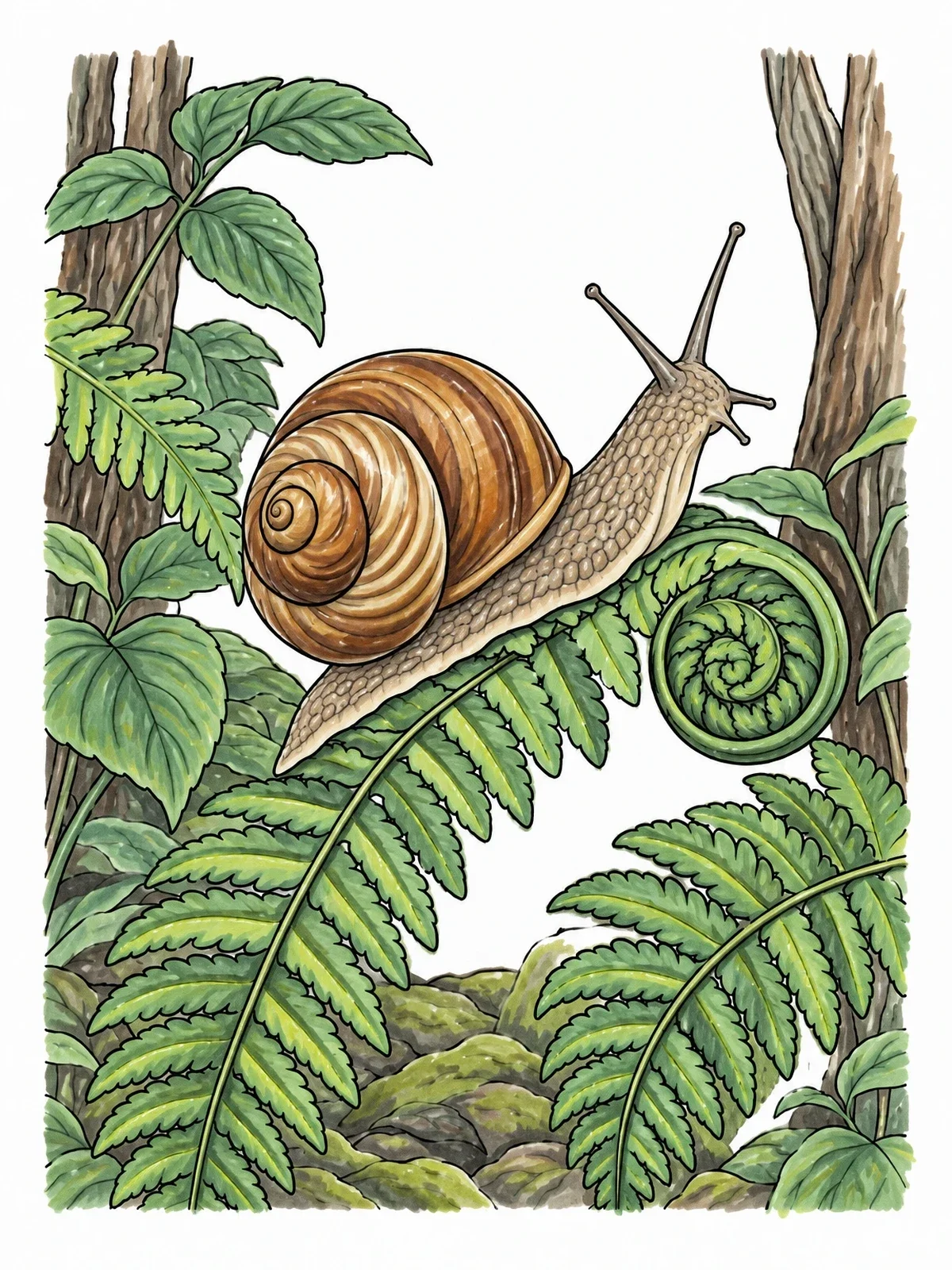 Colored example of the Snail Crawling On Fern Frond coloring page